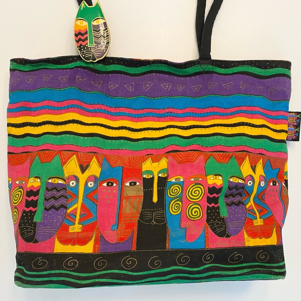 Laurel Burch Tote Bag Cats Canvas Coated Interior Vibrant Zipper Large Retired - Picture 2 of 14